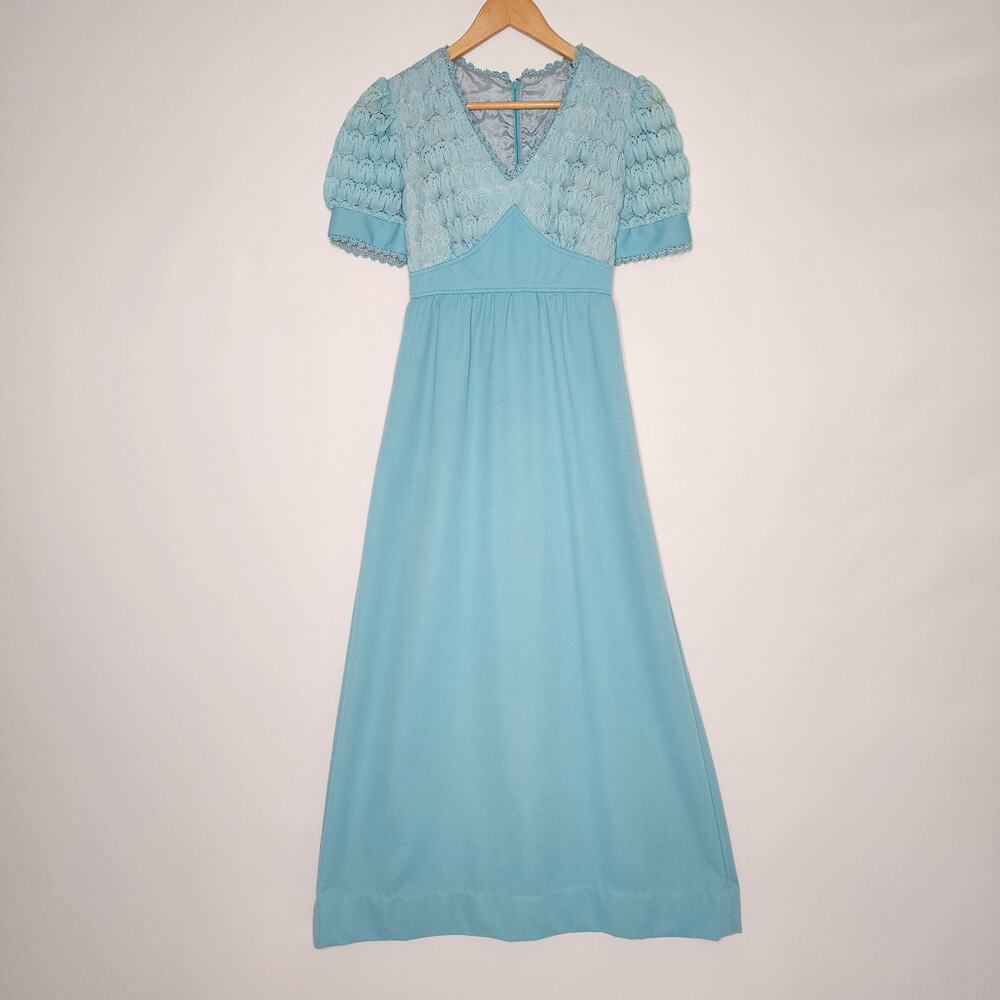 Vintage 70's Blue Lace Short Sleeve Maxi Dress Women's Size XS Small
